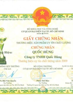 Chứng Nhận Thương Hiệu Sản Phẩm Uy Tín Chất Lượng 2009