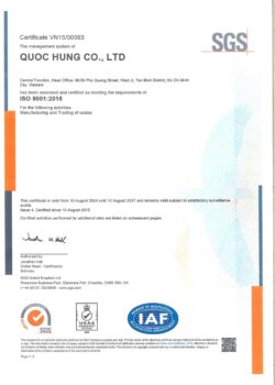 Chứng Nhận ISO 9001:2015 (lần thứ 4, từ năm 2024 đến năm 2027, bắt đầu từ năm 2015)